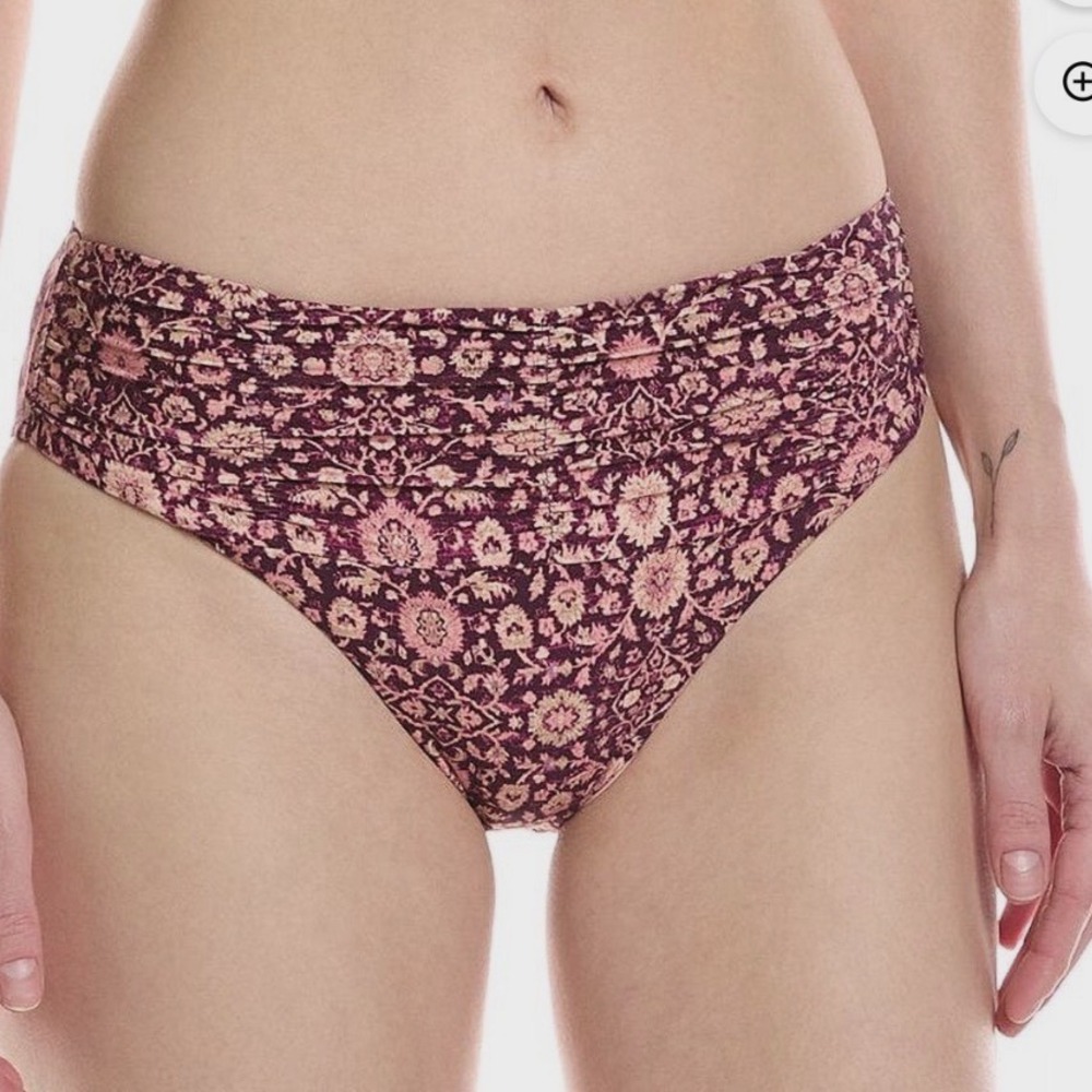 Monte & Lou bikini bottom size 4 Kara Boho Mid Rise Ruched pant Plum Floral NWT